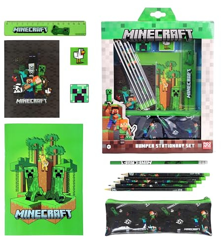 Minecraft Stifte Set Schreibwaren Schulsachen inkl. Radiergummi Bleistift Schulanfang, für Adventskalender o. Mitgebsel - Original Fanartikel für Jungs - 12-teilig