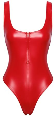 Noir Handmade F352 Wetlook Body mit Frontreißverschluss, F333 Wetlook Body mit Frontreißverschluss, Figurbetonender Wetlook-Body mit rotem Reißverschluss vorne XL