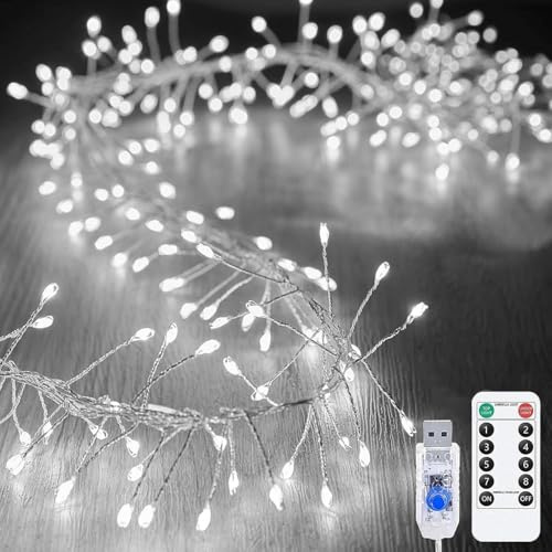 EONANT Fee Lichterkette, USB Feuerwerkskörper Cluster Stern Lichterkette mit Fernbedienung Timer, Schlafzimmer, Garten, Terrasse, Hochzeit, Weihnachten Urlaub Dekoration (Weiß, 6M 200LED)