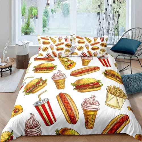 Burger-Pizza Bettwäsche 90X190 cm Bettwäsche Anime Bettbezug Und 2 X 80X80Cm Kissenbezug, Weiche Flauschige Atmungsaktive,3D Bettwäsche,100% Mikrofaser - Anti-Allergie Anti-Fading-3287291730975840000