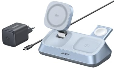 UGREEN MagFlow 3-in-1 Magnetic Wireless Desktop-Charger 25W, Qi2 Zertifiziert, kompatibel mit MagSafe, sicherer Halt, für iPhone 16-17-Serie, AirPods, Watch, Ladetänder mit 45W Ladegerät und 1m Kabel