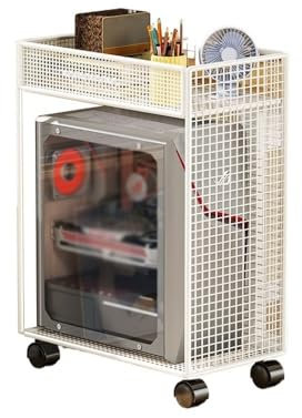 CPU Ständer PC-Tower-Ständer mit Doppelregalen, 2-stufiger CPU-Ständer aus Metall mit feststellbaren Lenkrollen, geeignet for die meisten PCs und mobilen CPU-Ständer Computer Tower Ständer(Weiß)