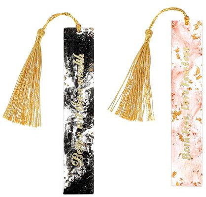 JIEYAO 2 Stück Inspirierend Lesezeichen mit Quaste und Glitzernder Epoxid-Goldfolie - Personalisierte Harz Buchzeichen für Erwachsene, Frauen, Mädchen - Leseliebhaber Geschenk