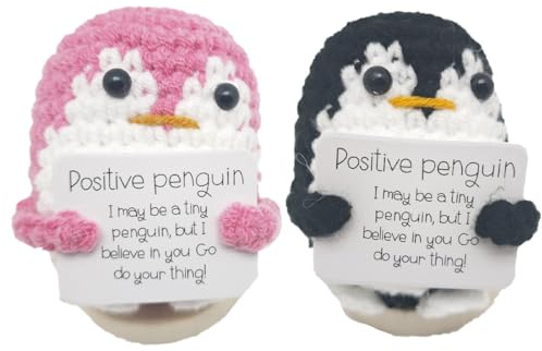 JAWUZ 2 Stück Positive Penguin Geschenk,Positiver Pinguin Und Glücksbringer,Kreative Strickwolle Penguin Mit Positive Karte,Pocket Hug Pinguin Spielzeug Für Freundin (Schwarz+Rot)