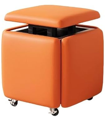 Leder Würfel 5 in 1 mit Drehrollen Multifunktionale Make-up Hocker für Schlafzimmer Wohnzimmer Esszimmer große orange Sitz