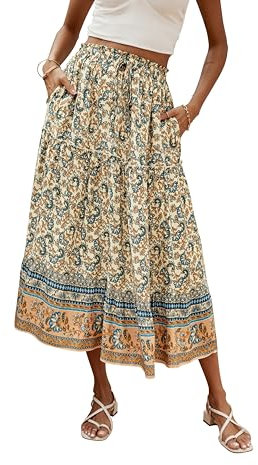 Hount Damen Langer Rock A Linie Lang Plisseerock Summer Floral Skirt Midi Freizeitrock mit Gummizug (M, Beige)