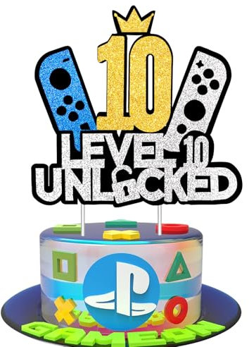 JSRHEEM Geburtstagskuchendeko für Gaming-Fans, Level 10 freigeschaltet, Glitzernde Spielkonsole, Cupcake-Topper für Jungen und Mädchen, Alter 10 Jahre (10 Jahre)