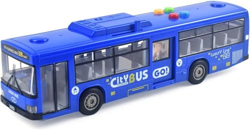 Cemirk Bus Toy for Boys and Girls - with Lights and Sounds, Realistic Tires, Simulated Functional Doors, Friction-Powered Movement, (Blue)