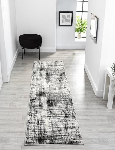 Obsidian Abstract Traditional Modern Runner Low Pile Rug, Grey, 60x220cm