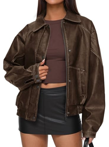 PRETTYGARDEN Faux Leather Jacket Women Bomber Motorcycle Zip Up Jackets Oversized Fall Fashion Outfits 2026 Winter Coats (Brown,Medium)