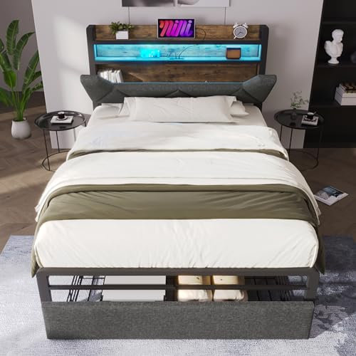 3ft Single Bed Frame with Concealed Storage Headboard & Drawers, Upholstered Platform Bed with USB Type-C Charging & LED Lighting, Linen Fabric/Sturdy Steel Slat Support/No Box Spring Needed, Grey