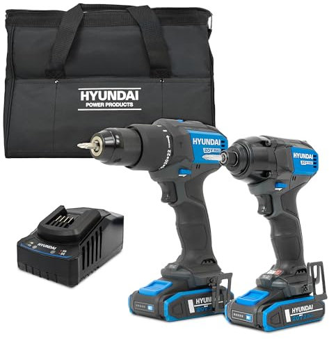 Hyundai 20V Cordless Drill Set, 65Nm Hammer Drill and 230Nm Impact Driver, Brushless Kit with 2X 2.0Ah Batteries, 2A Charger