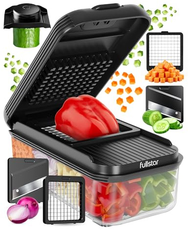 Fullstar Essential - Vegetable Chopper & Mandoline Slicer - 2 Blades | Space-Saving 0.75L Container, Finger Guard - Stainless Steel Blades - Compact Veg, Salad & Onion Dicer Slicer (2-in-1, Black)