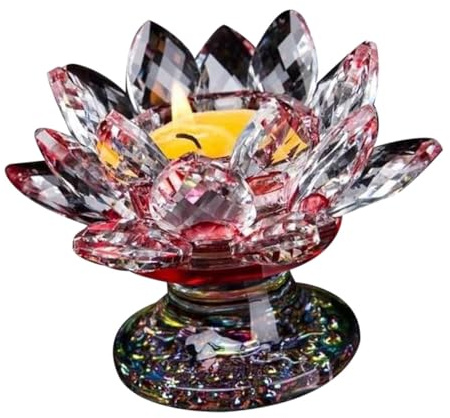 NIYANGLE Kristall Lotus Kerzenhalter Rot Elegante Tischdekoration für Hochzeit und Raumdekoration Glänzende Blumenform für Warme Atmosphäre