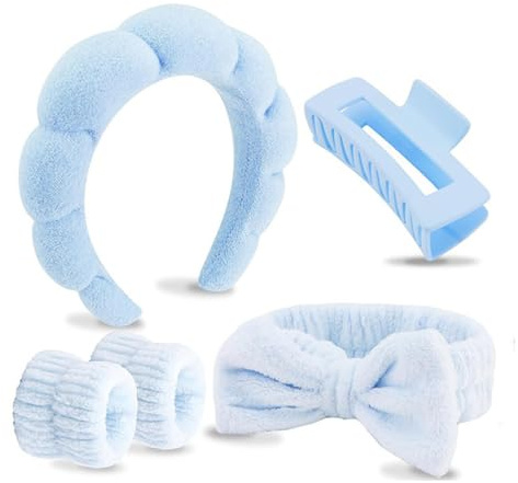 LAKPYN 5 Stück Haarband Kosmetik, Spa Stirnband Zum Waschen Des Gesichts Hautpflege Stirnbänder,Haarspange,Stirnband Handgelenk Waschband Set Für Frauen Mädchen Yoga Sport Dusche（Hellblau）