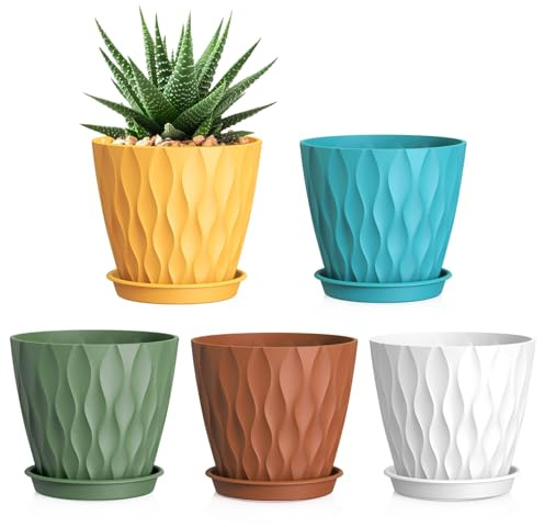 WSMKSZ 15cm Blumentöpfe Innen Außen, 5er Set Pflanztöpfe, Bunt | Kunststoff Pflanzentopf mit Untersetzer & Abflusslöchern, 3D-Wellentextur, Übertopf für Einblatt, Efeutute