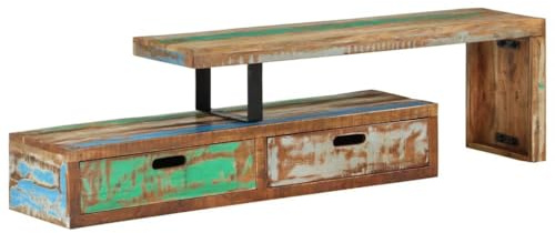 Teenpull Support TV en bois recyclé massif extensible (118-200 cm) 30 x 40 cm pour salon, chambre à coucher, design vintage, console multimédia, centre de divertissement