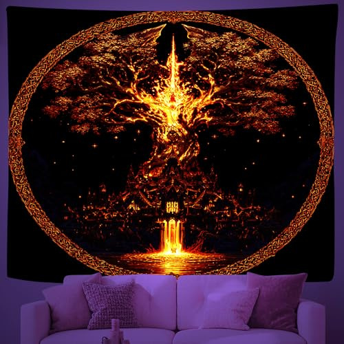 Schwarzlicht Baum des Lebens Wandteppich, UV-reaktiv Keltischer Muster Leuchtender Wandteppiche Wandbehang, Glow In The Dark Tapisserie für Schlafzimmer Wohnzimmer Wanddekoration, 150x200 cm I6r38