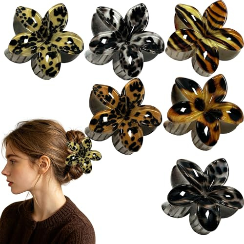 KSJEHW 6 Piezas Pinzas Pelo Flor de 8cm para Mujer, Accesorios Pelo con Estampado de Leopardo y Cebra, Pinza de Pelo Hawaiana de Resina para Cabello Grueso y Fino, Pack de Pinzas de Mandíbula Fuertes