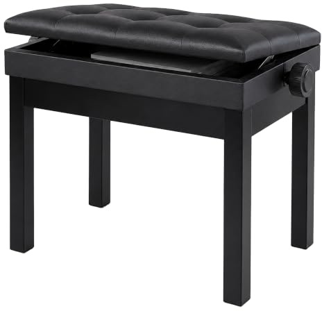 Relaxdays Klavierhocker, höhenverstellbar, schwarz | HxBxT: 48–58 x 55 x 33 cm, mit Stauraum, Holz, Kunstleder, Pianobank