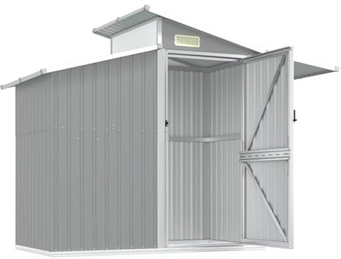 Capanno per attrezzi, grigio, 270 x 130 x 208,5 cm, in acciaio zincato | ventilazione, pannello per tetto trasparente, porta con maniglia, per attrezzi da giardino e accessori per piscina