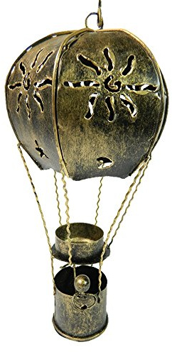 Hot Air Balloon Hanging Metal Ornament Tea Light/Candle Holder - Gold, 25cm with Sturdy Hook - Detailed Balloon & Basket Design - Unique, Handmade Candle Holders - Ideal Garden & Home Decoration