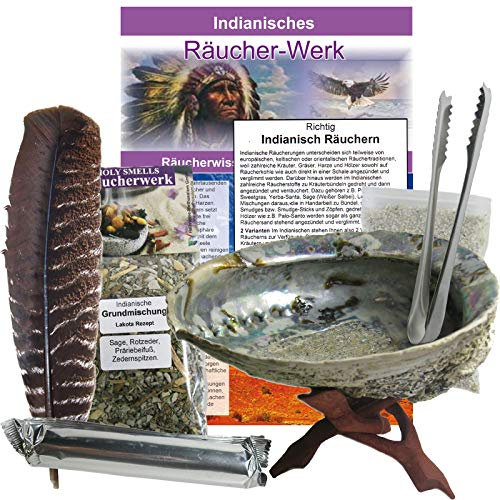 9-tlg Smudge Kit Räucherset Abalone Räuchermuschel 13-16cm + Ständer + Räuchermischung + Feder + Zange + Kohle + Zubehör + Anleitung. 81093