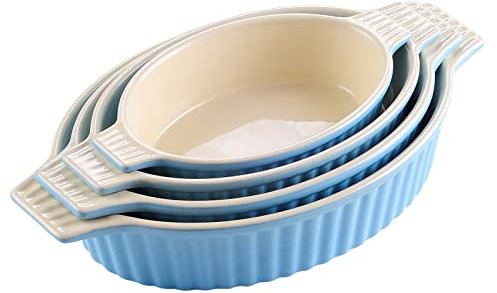 MALACASA, Serie Bake.Bake, 4 teilig Set Porzellan Backform Kuchenform Brotbackform Teller Suppenteller Tafelservice Back Schale Auflaufform Ofenform Blau