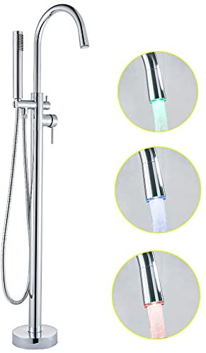 Votamuta Fixation au sol de salle de bain baignoire robinet Bec avec éclairage LED sur pied Baignoire Mitigeur de douche avec tête de douche à main, Chrome poli