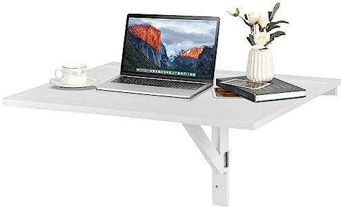 COSTWAY Wall-mounted Drop-leaf Table, Folding Floating Laptop Desk, Space Saving Hanging Table for Study, Bedroom, Bathroom, or Balcony, 80x60CM (White)