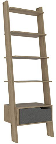 Home Source Dinan Ladder Bookcase Storage Shelves, 5 Tier Bleached Pine Effect Unit, 1 Drawer