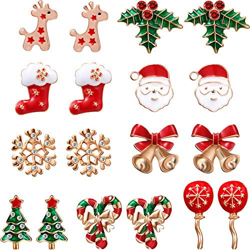9 Paar Weihnachten Ohrstecker Ohrringe Schmuck Ohrstecker Set Weihnachten Ohrringe mit WeihnachtsmannHirsch Glocke Weihnachtsbaum für Damen Mädchen