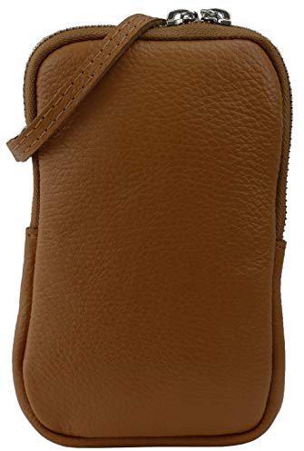 SH Leder Damen Echtleder Handytasche Umhängetasche Geldbörse Multifunktion Beutel Mini Bote Abnehmbar Verstellbar Schultergurt Handy bis 6,8 Zoll 11x18cm Jana G269 (Dunkel Cognac)