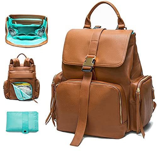 MISS FONG Wickeltasche Wickelrucksack, Wickeltasche Rucksack mit tragbarer Wickelunterlage und Gurthalter Leder Wickeltasche Reiserucksack für Mama und Papa-Braun