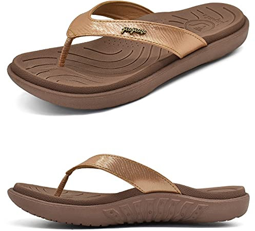 jiajiale Tongs Femme Mode Orthopédique Cuir Confortable Soutien Voûte Plantaire Tongue Legere Yoga Mat été Plage Piscine Flip Flop Douche Antidérapante Caoutchouc Semell Marron EU43