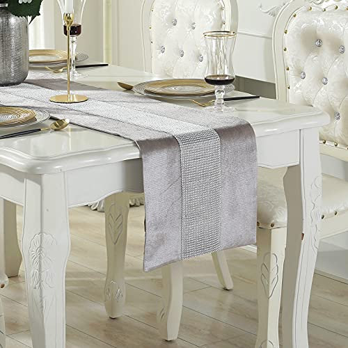 Deggodech Champagner Tischläufer 32 x 180 cm Glitter Tischläufer Silber Diamant Table Runner für Küchentisch, Kaffeetisch, Kommode,Weinschrank Dekoration (180cm, Champagner)