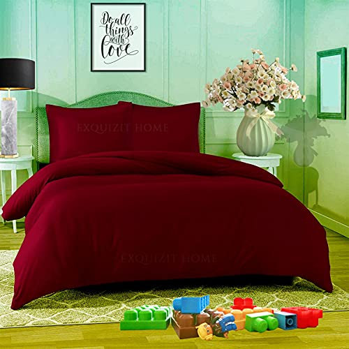 EXQUIZIT HOME® Duvet Quilt Cover Bedding Set with Matching Pillowcases Easy Care Plain Dyed Poly Cotton Soft Wrinkle Resistant Hotel Quality Machine Washable Bedding (Wine, Double)