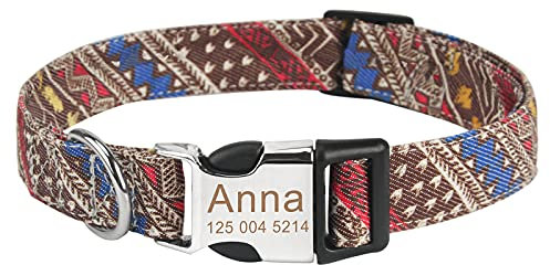 Piang Gouer Personalisierte Hundehalsband Vintage Böhmen Haustierhalsband Benutzerdefinierter Name und Telefonnummer Hundehalsband Tag Katzenhalsbänder für kleine mittelgroße Hunde(Kaffee-M)