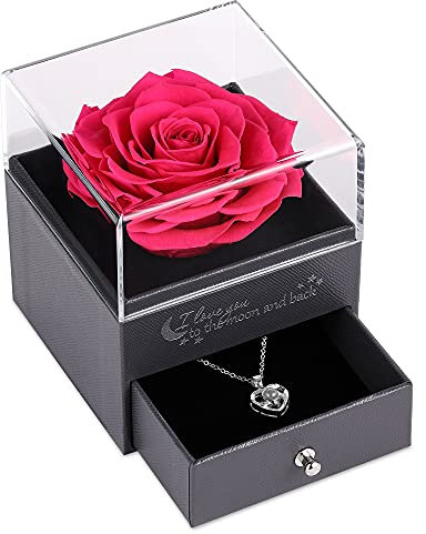 Echte Rose mit Ich Liebe Dich Halskette in 100 Sprachen Geschenke für ihre Mutter Frauen Frau Geschenk für Freundin Geburtstag, (Hot Rosa)