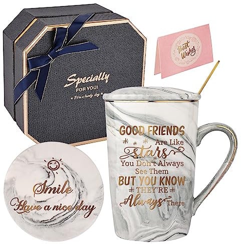 DONGSHANGIFT Regalos de cumpleaños para mejores amigas para mujeres-Buenos amigos son como estrellas Taza-Regalos de amistad para mujeres Taza de café de mármol de cerámica Caja de regalos 420ML gris