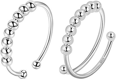 VELESAY 925 Sterling Silber Anxiety Ring Spinning Ringe mit Perlen Band Ring Stapelbar Fidget Ringe Angst Ringe für Damen Frauen Spinner Ringe Perlen Rotieren Ring Stapelbare Fidget Ringe Verstellbar