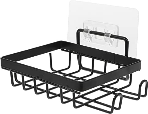 Housoutil Wall Mounted Soap Dish Iron Bar Soap Holder Adhesive No Drilling Metal Wire Sponge Tray Adhesive No Drilling Bathroom Shower Kitchen Wall Black