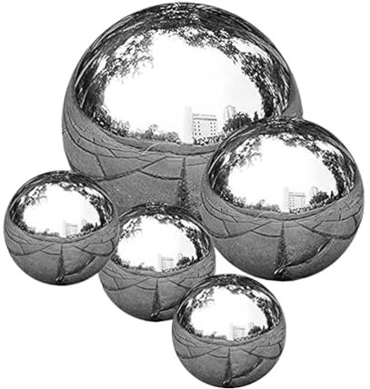 Operitacx 5pcs Silver Stainless Steel Garden Gazing Balls, Polished Hollow Reflective Spheres for Lawn Decor