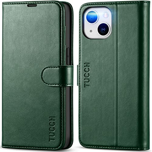 TUCCH Case for iPhone 14 (6.1) 2022 5G, Magnetic PU Leather Wallet Kickstand Folio Cover with [Shockproof Protective TPU][RFID Blocking][Credit Card Holders]Compatible with iPhone 14, Midnight Green