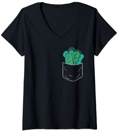 Damen Spinat-Tasche T-Shirt mit V-Ausschnitt
