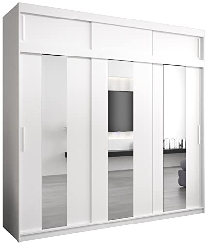 MEBLE KRYSPOL Pole 250 Schlafzimmerschrank mit DREI Schiebetüren, Spiegel, Kleiderstange und Regalen – 250x240x62cm - Mattweiß mit Verlängerung