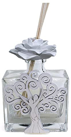 DLM34174 (Kit 6 Pezzi) Profumatore Quadrato in Vetro con Rosa Fiore e Albero della Vita Sacra Famiglia Diffusore per Ambienti Profumo Battesimo Comunione Matrimonio