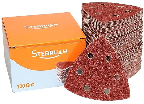 STEBRUAM Triangoli Abrasivi Delta,65 fogli di carta vetrata triangolari 6 fori a grana assortita 120 per levigare e lucidare levigatrice a delta Fogli Abrasivi Carta