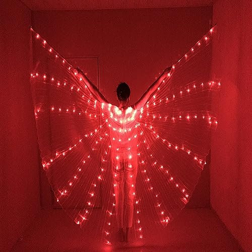 Leuchtende Feenflügel Erwachsene Frauen | LED Rote Bauchtanz Isis Flügel mit Teleskopstab | Regenbogen Schmetterlingsflügel Festival Wear für Karneval Halloween Weihnachten Leuchtend Rostume (Rot)