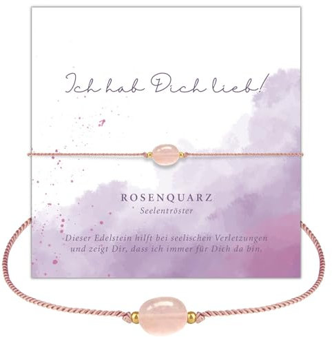 happymaker - Rosenquarz Wickelarmband Damen, Edelstein Armband mit 18k vergoldeten Perlen, Geschenkverpackung, Seelentröster, Ich hab dich lieb Geschenk, handmade in Deutschland